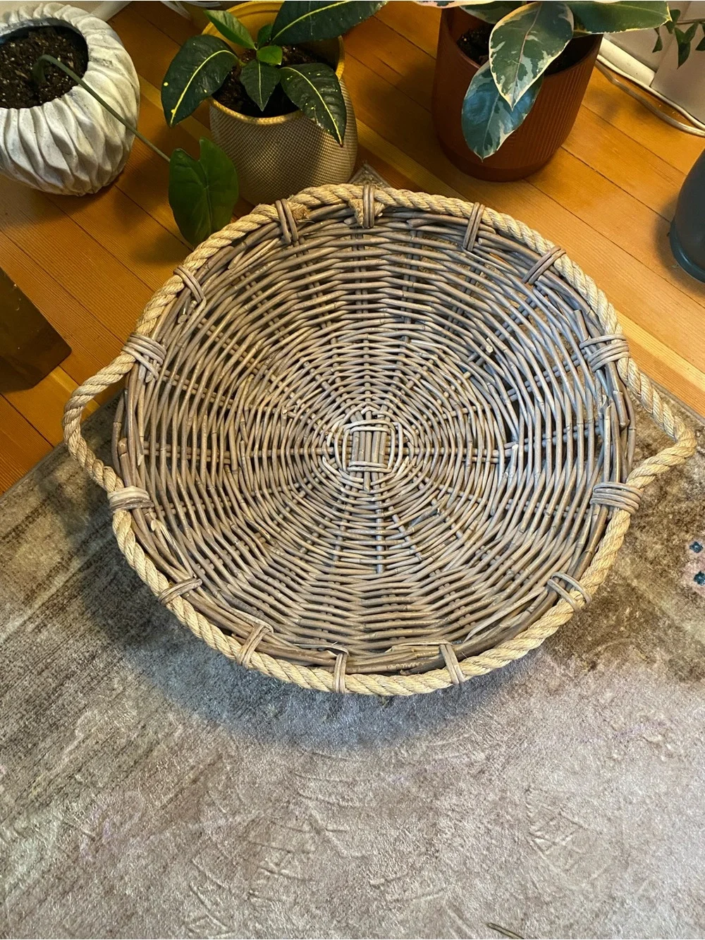 HUGE Vintage Gray Wash Round Wicker Basket Rope Handles Farmhouse Coastal Decor